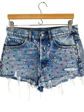 Colorful Stud Denim‎ Distressed Mini Jean Shorts 1 Boho Indie Festival Western